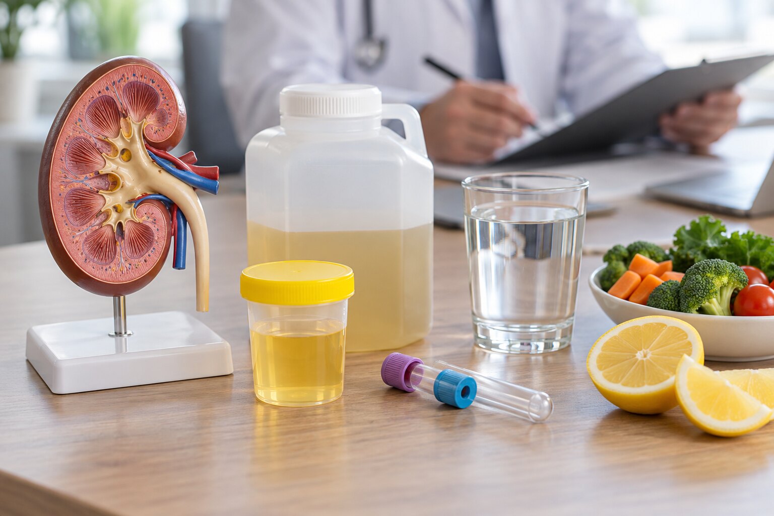 Nierenmodell, Sammelurin, Laborproben und Trinkwasser zur Harnsteindiagnostik