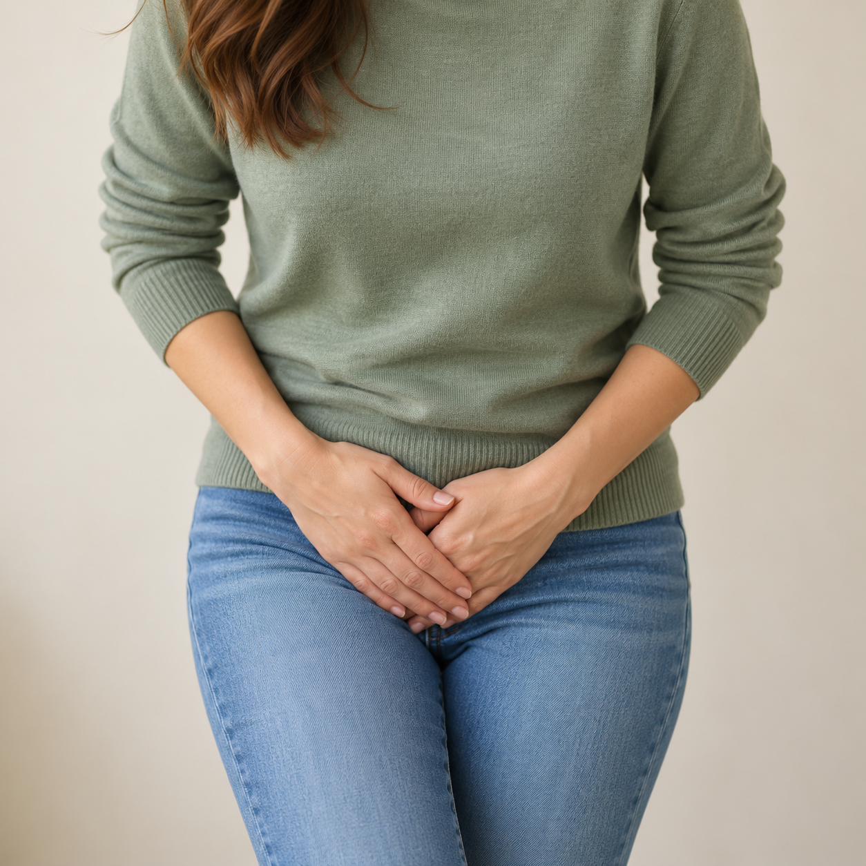 Frau mit beiden Händen auf dem Unterbauch im Bereich der Blase