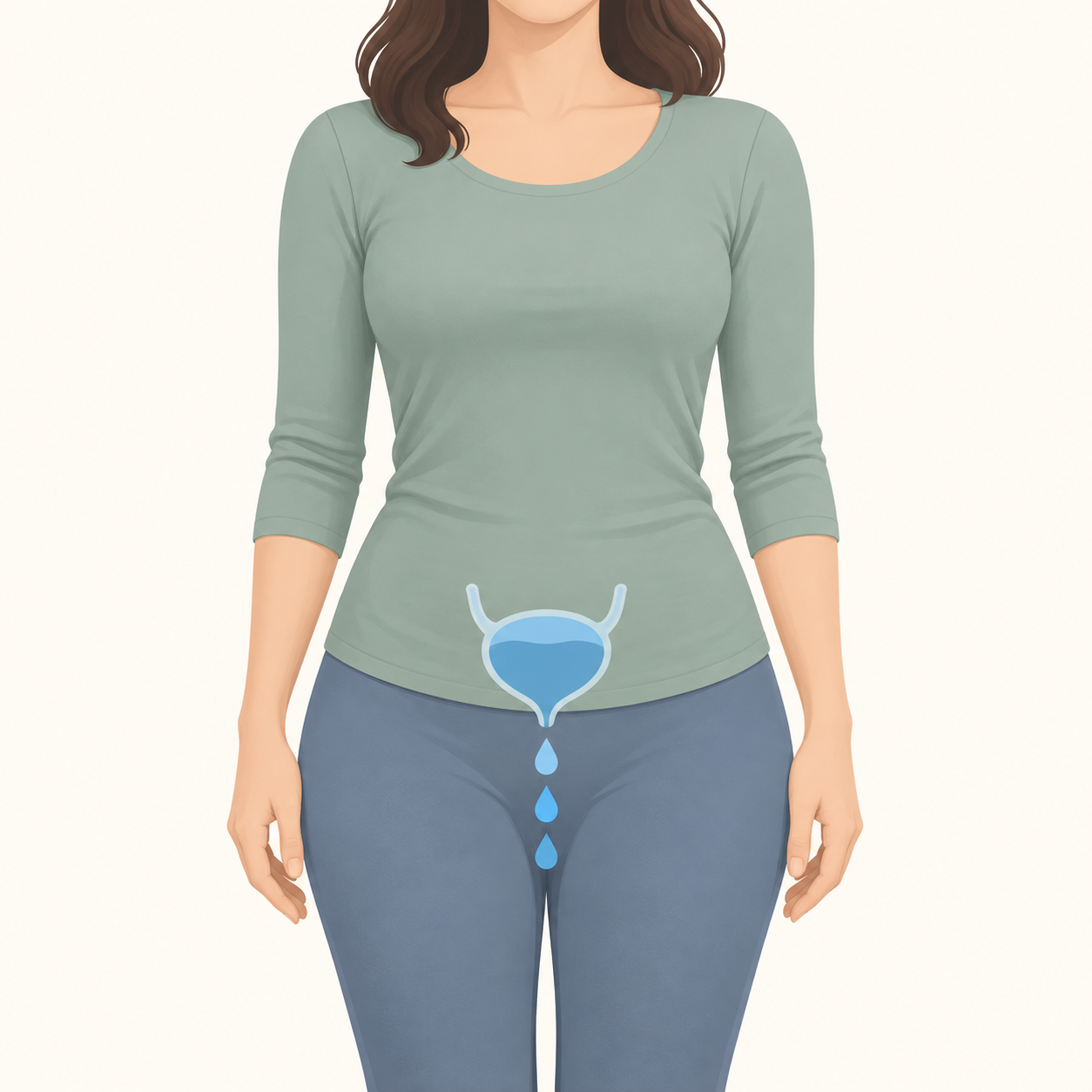 Schematische Frau mit Blasensymbol und Tropfen als Darstellung von Urinverlust