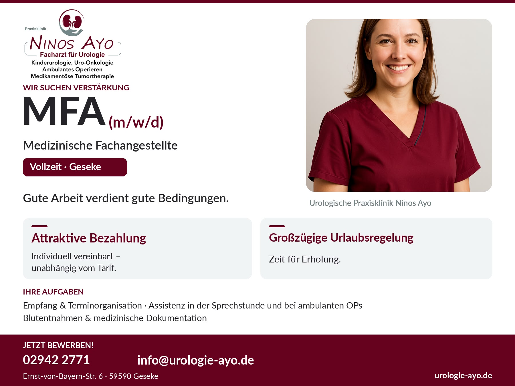 Stellenanzeige: MFA (m/w/d) in Vollzeit in Geseke. Aufgaben: Empfang und Terminorganisation, Assistenz in der Sprechstunde und bei ambulanten Operationen, Blutentnahmen und medizinische Dokumentation. Individuell vereinbarte Bezahlung und großzügige Urlaubsregelung.